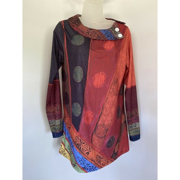 Vintage Made With Love Mod Long Sleeve Abstract Tunic Top Button Accent‎ Size S - Picture 10 of 10